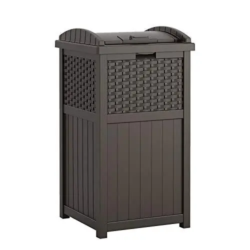 Suncast 33-Gallon Hideaway Outdoor Trash Can With Lid – Brown Resin 1