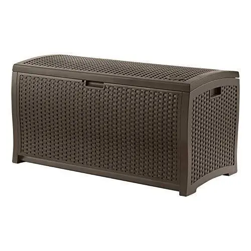 Suncast Mocha Resin Wicker Patio Storage Box – 99-Gallon Outdoor Deck Bin For Toys, Cushions & Furniture 1