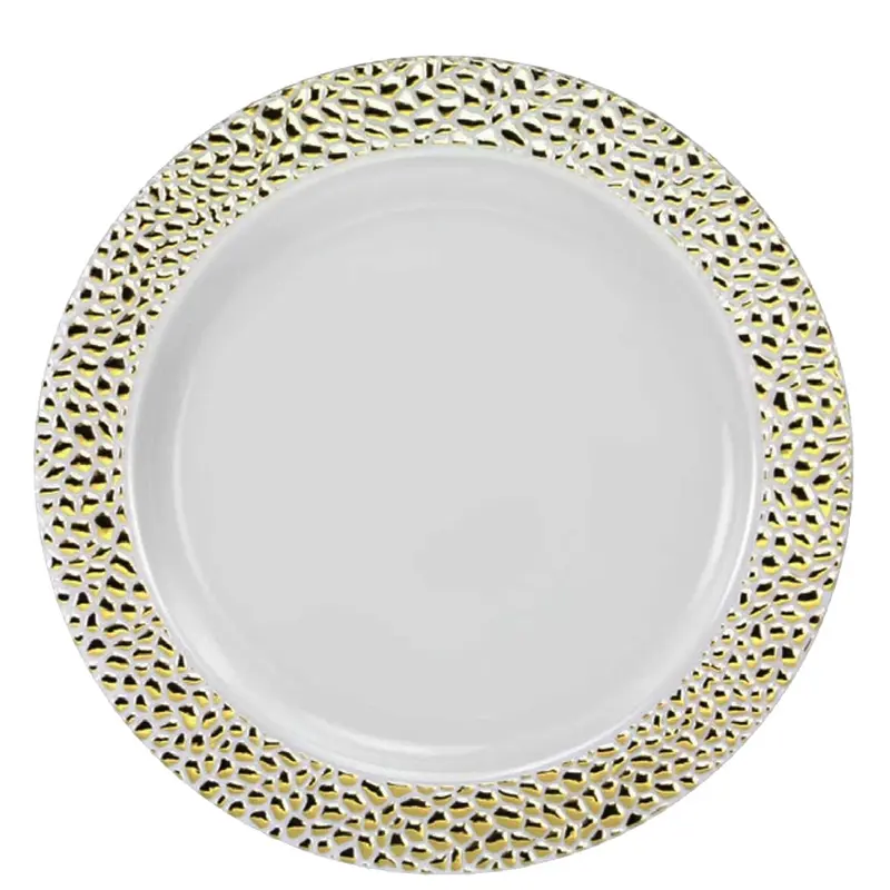 Textured 9" Gold-Rimmed Plastic Dinner Plate 1