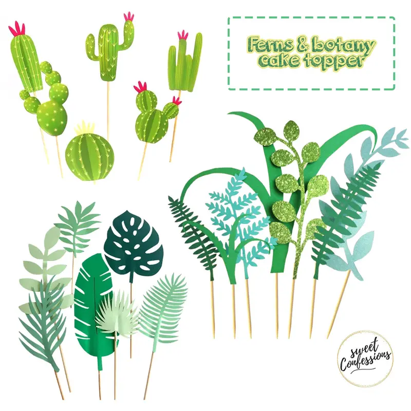 Tropical Botanical Cake Toppers – Seven-Piece Forest Fern And Monstera Leaf Paper Decor Set 1