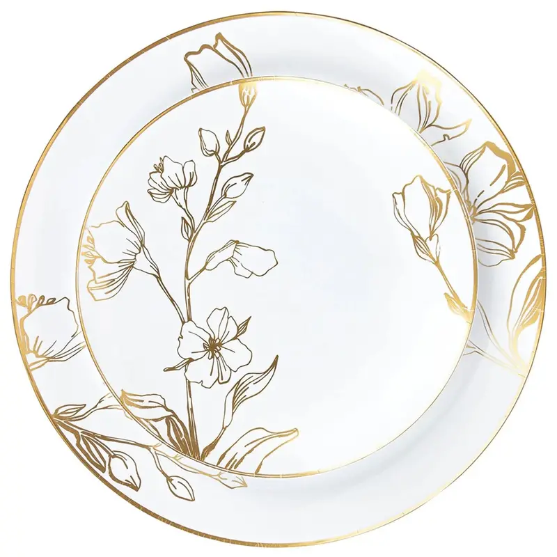 White & Gold Floral 10-Inch And 7.5-Inch Plastic Plates – Antique-Style Combo 1