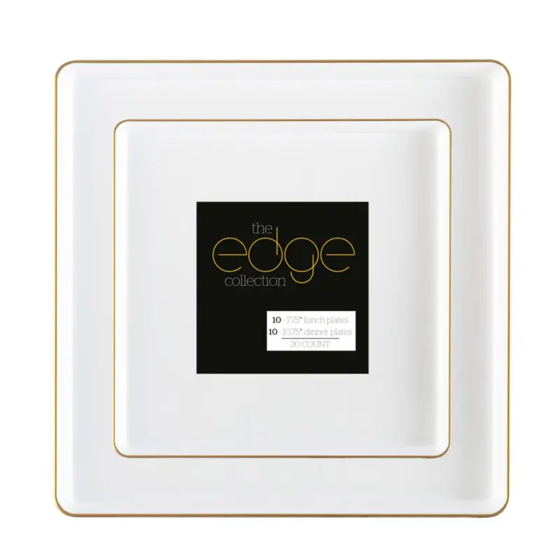 White & Gold Rim Square Plastic Plate Combo: 10.75" + 7.75" – Edge Collection 1