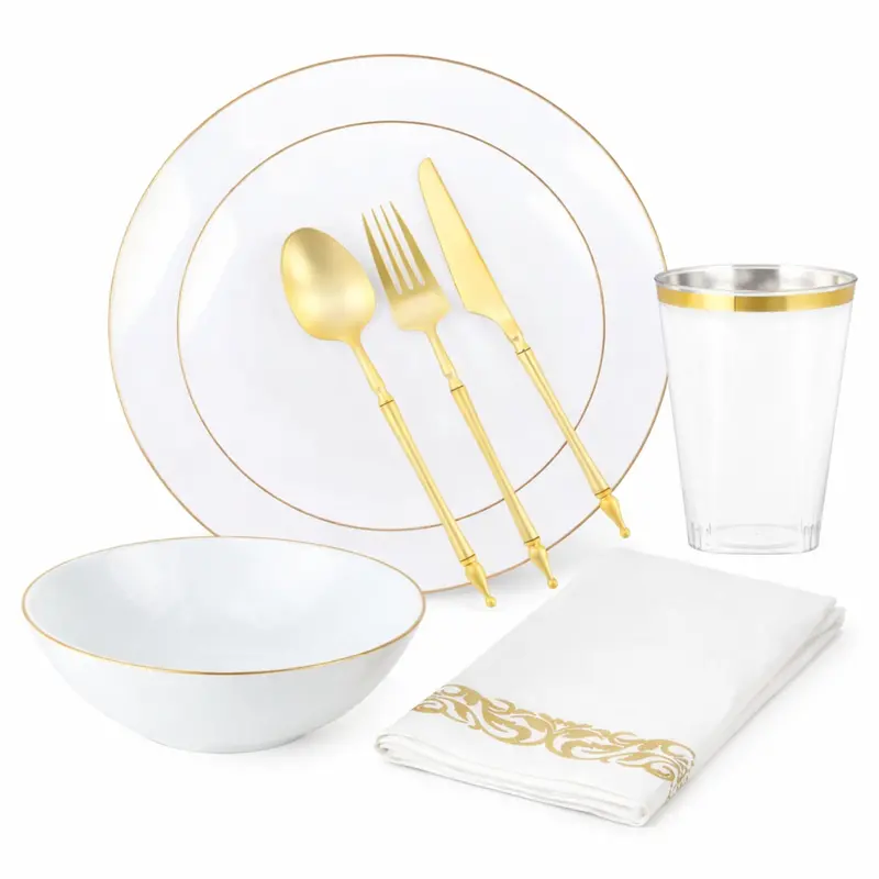 White Plastic Dinnerware With Gold Rim – Upscale Organic-Style Party Set 1
