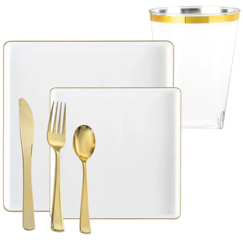 White Square Plastic Dinnerware Set With Gold-Trimmed Edge – Value Pack 1