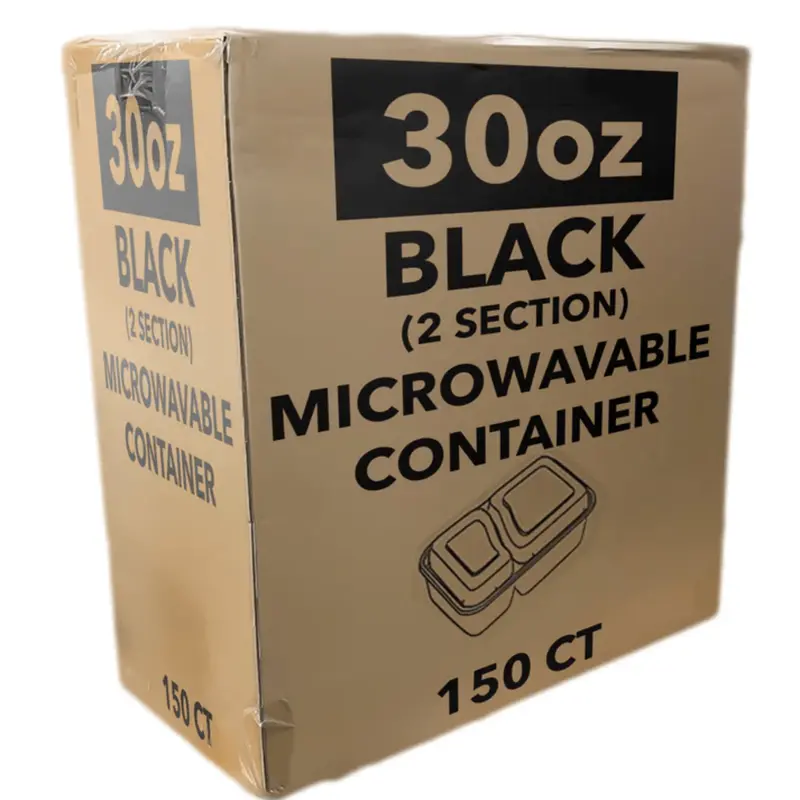 Wholesale 30 Oz Two-Compartment Black Plastic Rectangular Containers With Lids, 150 Per Case 1