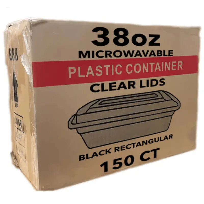 Wholesale 38 Oz Black Rectangular Plastic Food Containers With Clear Lids, 150 Per Case 1