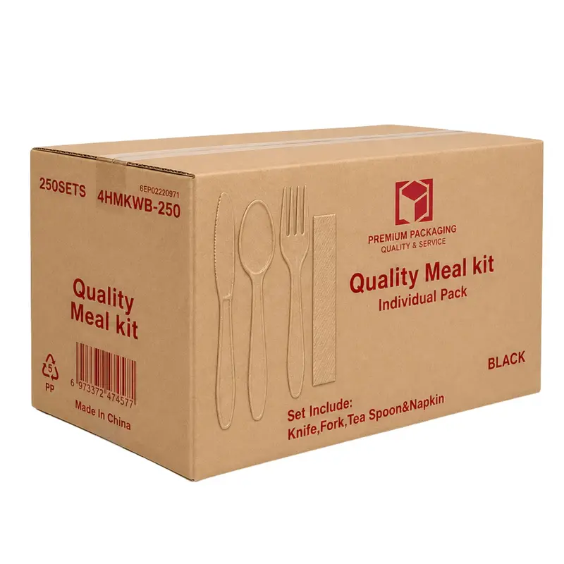 Wholesale Black Plastic Cutlery Sets – 250 Heavy-Weight 4-Piece Kits Per Case 1