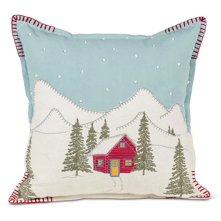Winter Cabin Pillow – Square Throw Pillow With Mountain Landscape Print 1