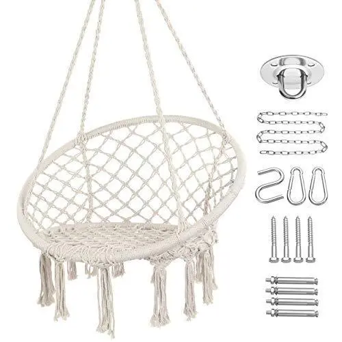 Y-Stop Macrame Hammock Chair – Beige Cotton Rope Swing With 330-Lb Weight Limit For Indoor & Outdoor Relaxation 1
